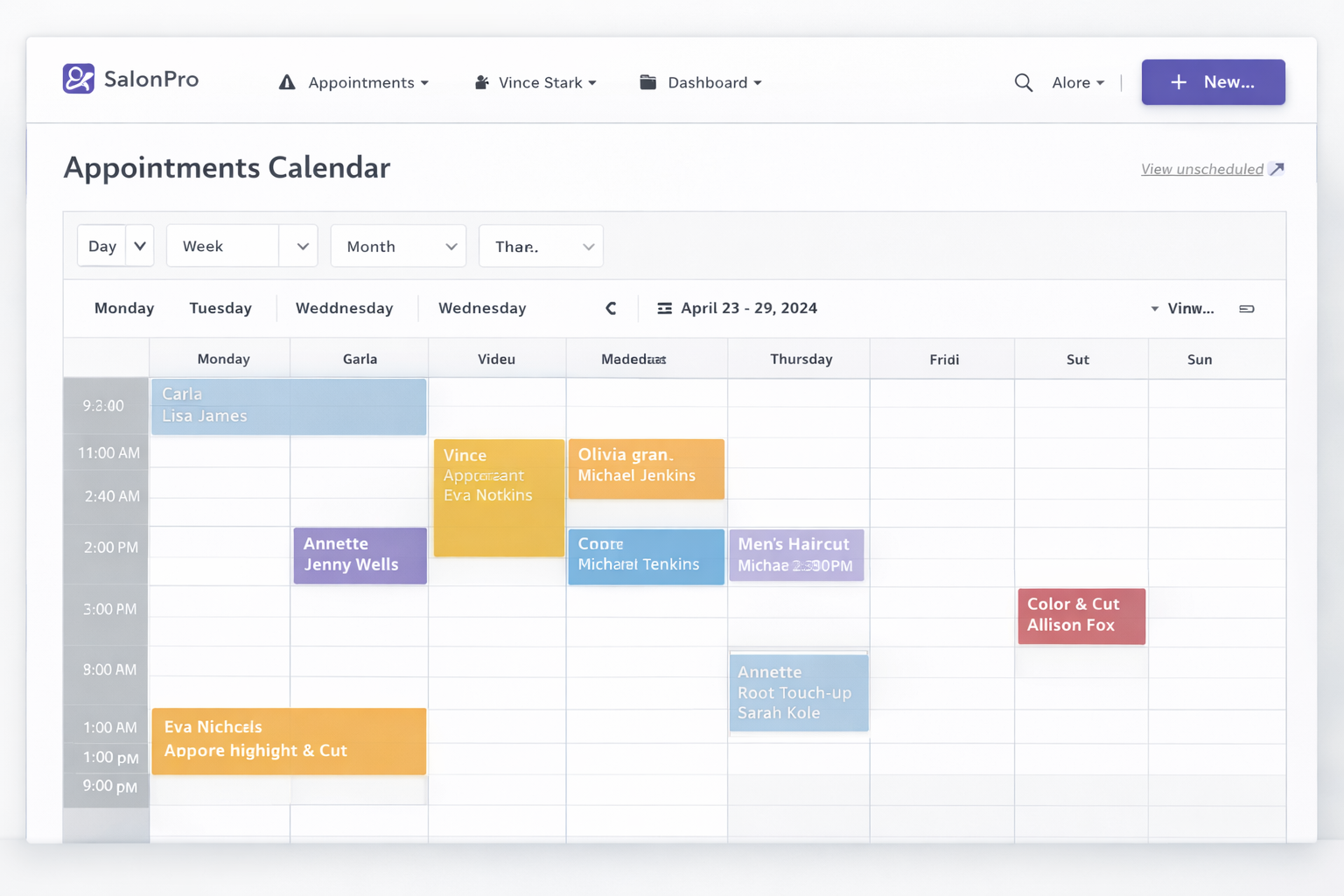 Salon calendar interface screenshot